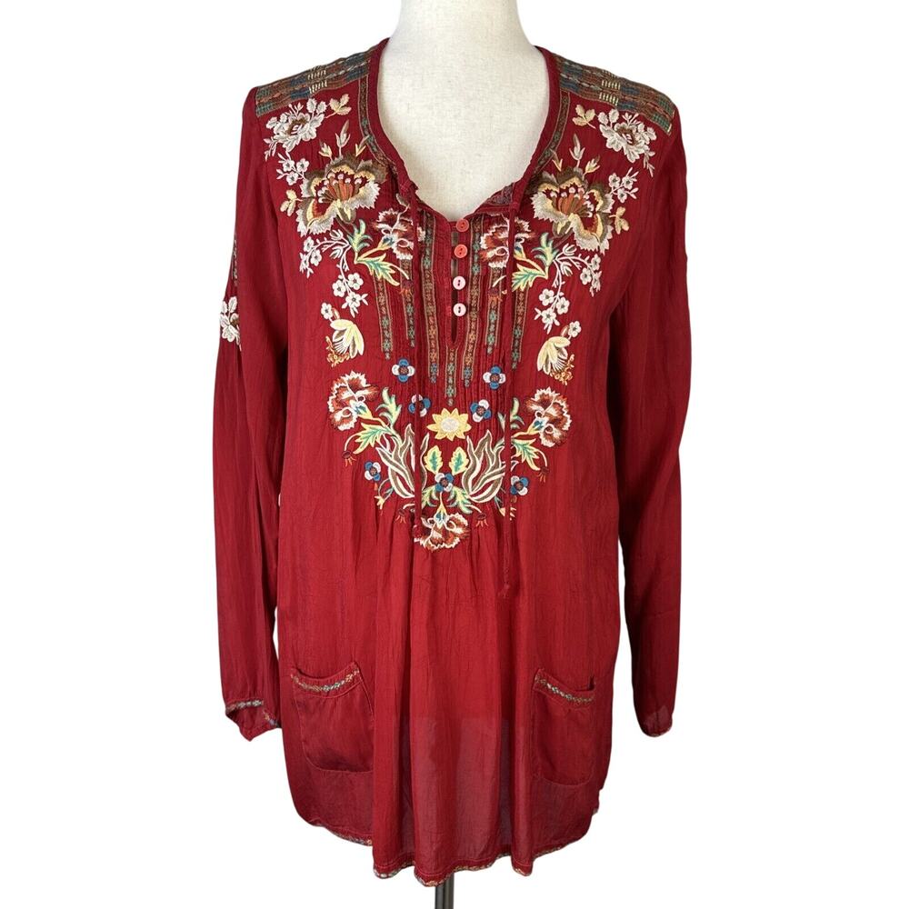 Johnny Was Scoop Neck Long Sleeve Floral Embroidered Tunic Top‎ Shirt Size S Red